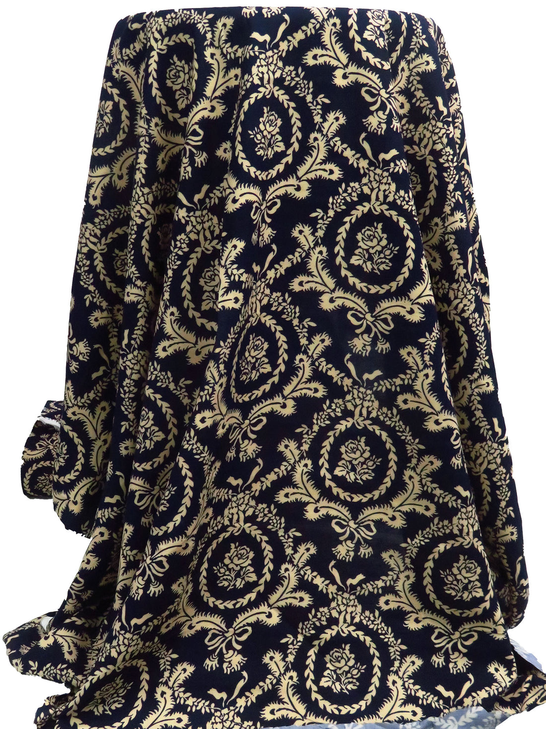 Midnight Navy/Ecru 100% Rayon Floral Framed Damask Print Challis - NY Designer - 43W