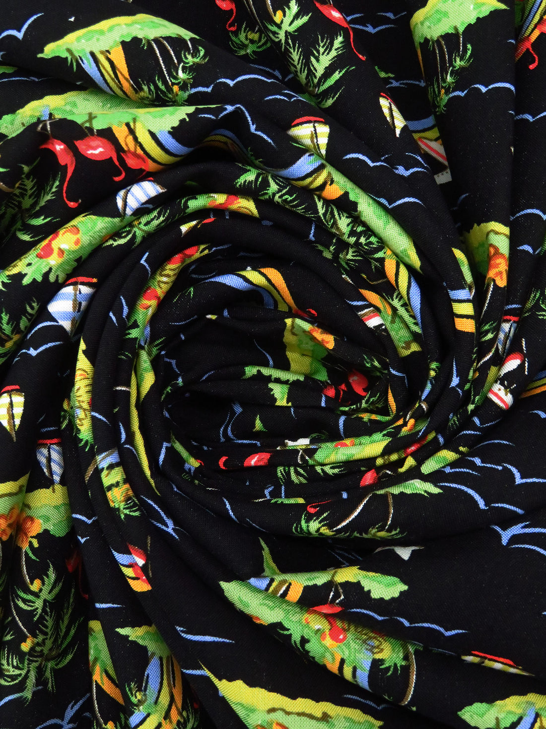 Black/Straw/Inchworm/Multi 100% Rayon Various Rainbow Beach Scene Print Challis - NY Designer - 43W