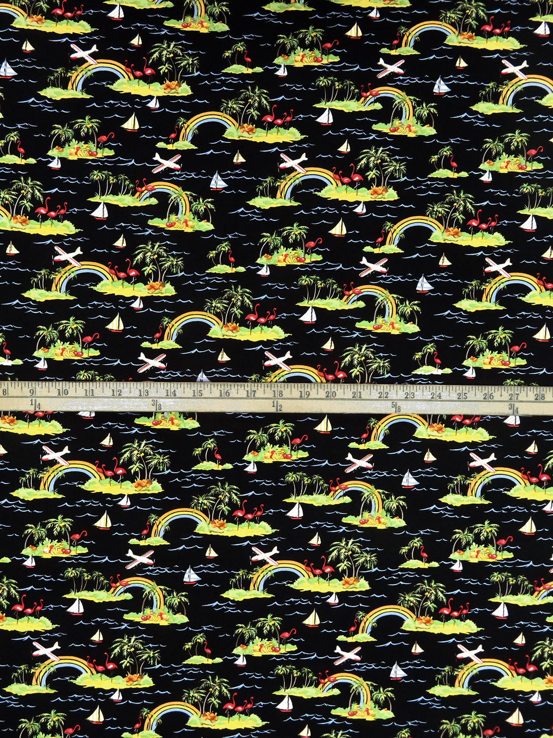 Black/Straw/Inchworm/Multi 100% Rayon Various Rainbow Beach Scene Print Challis - NY Designer - 43W