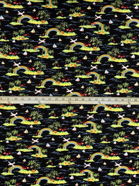 Black/Straw/Inchworm/Multi 100% Rayon Various Rainbow Beach Scene Print Challis - NY Designer - 43W