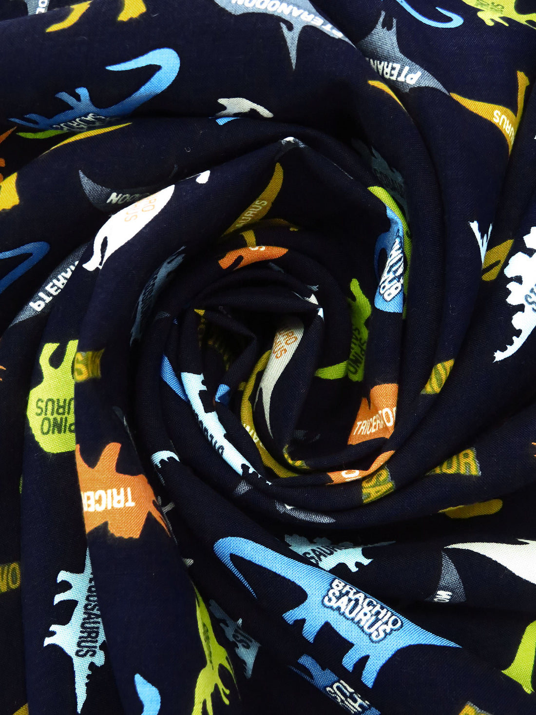 Midnight Navy/Lemon Curry/Button Blue/Multi 100% Rayon Labeled Dinosaur Print Challis - NY Designer - 43W