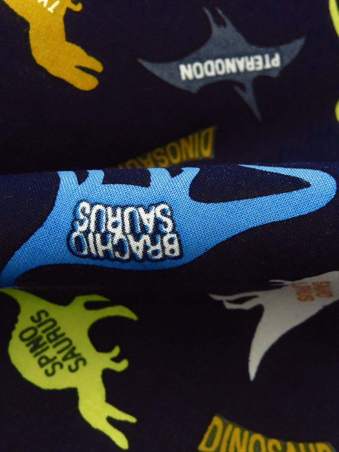 Midnight Navy/Lemon Curry/Button Blue/Multi 100% Rayon Labeled Dinosaur Print Challis - NY Designer - 43W