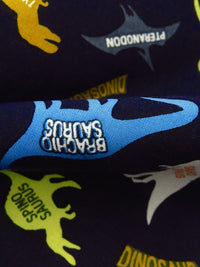 Midnight Navy/Lemon Curry/Button Blue/Multi 100% Rayon Labeled Dinosaur Print Challis - NY Designer - 43W