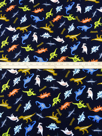 Midnight Navy/Lemon Curry/Button Blue/Multi 100% Rayon Labeled Dinosaur Print Challis - NY Designer - 43W