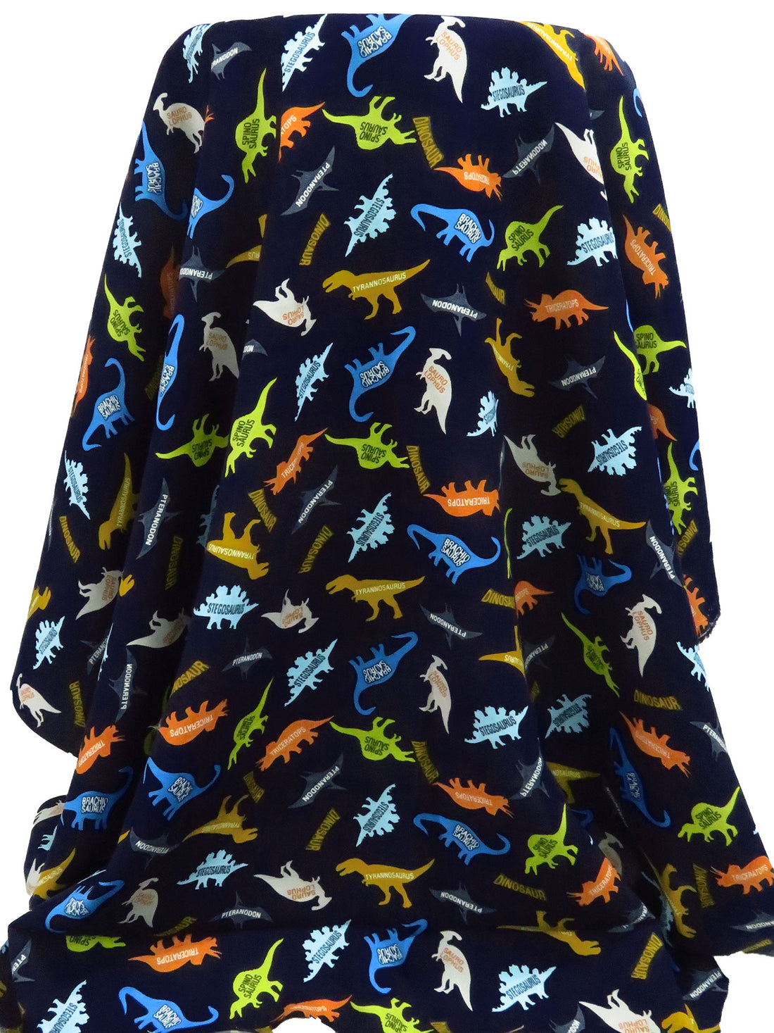Midnight Navy/Lemon Curry/Button Blue/Multi 100% Rayon Labeled Dinosaur Print Challis - NY Designer - 43W
