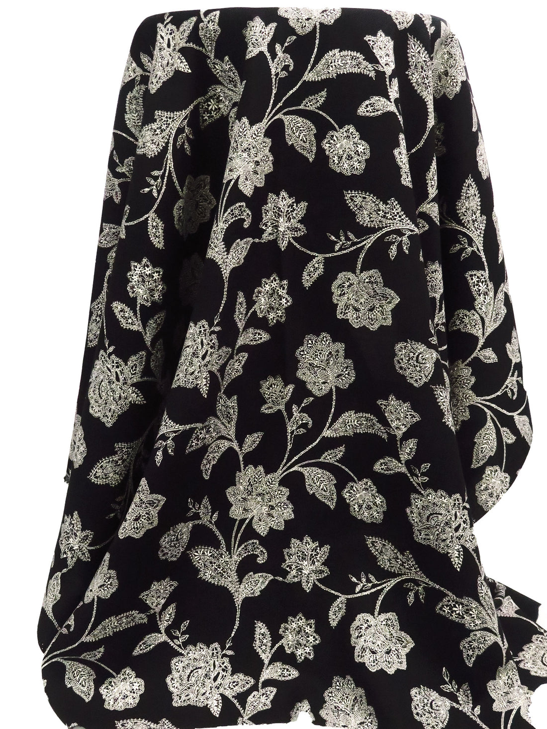 Black/Antique White 100% Rayon Mosaic Floral Print Challis 44W