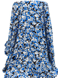 Cobalt/White/Black 100% Rayon Floral Print Challis 44W