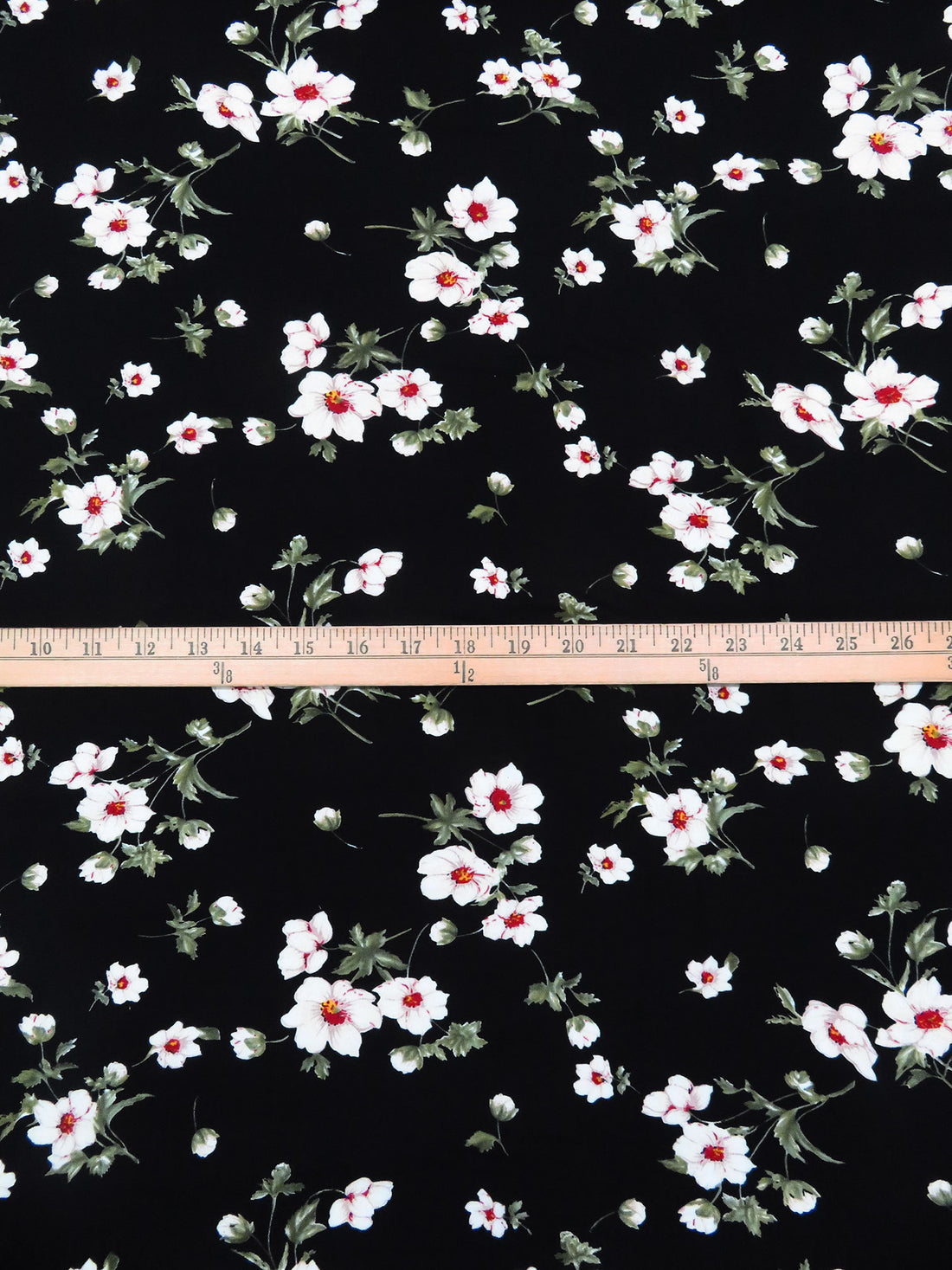 Black/Moss Green/White/Multi 100% Rayon Floral Stems Print Challis 44W