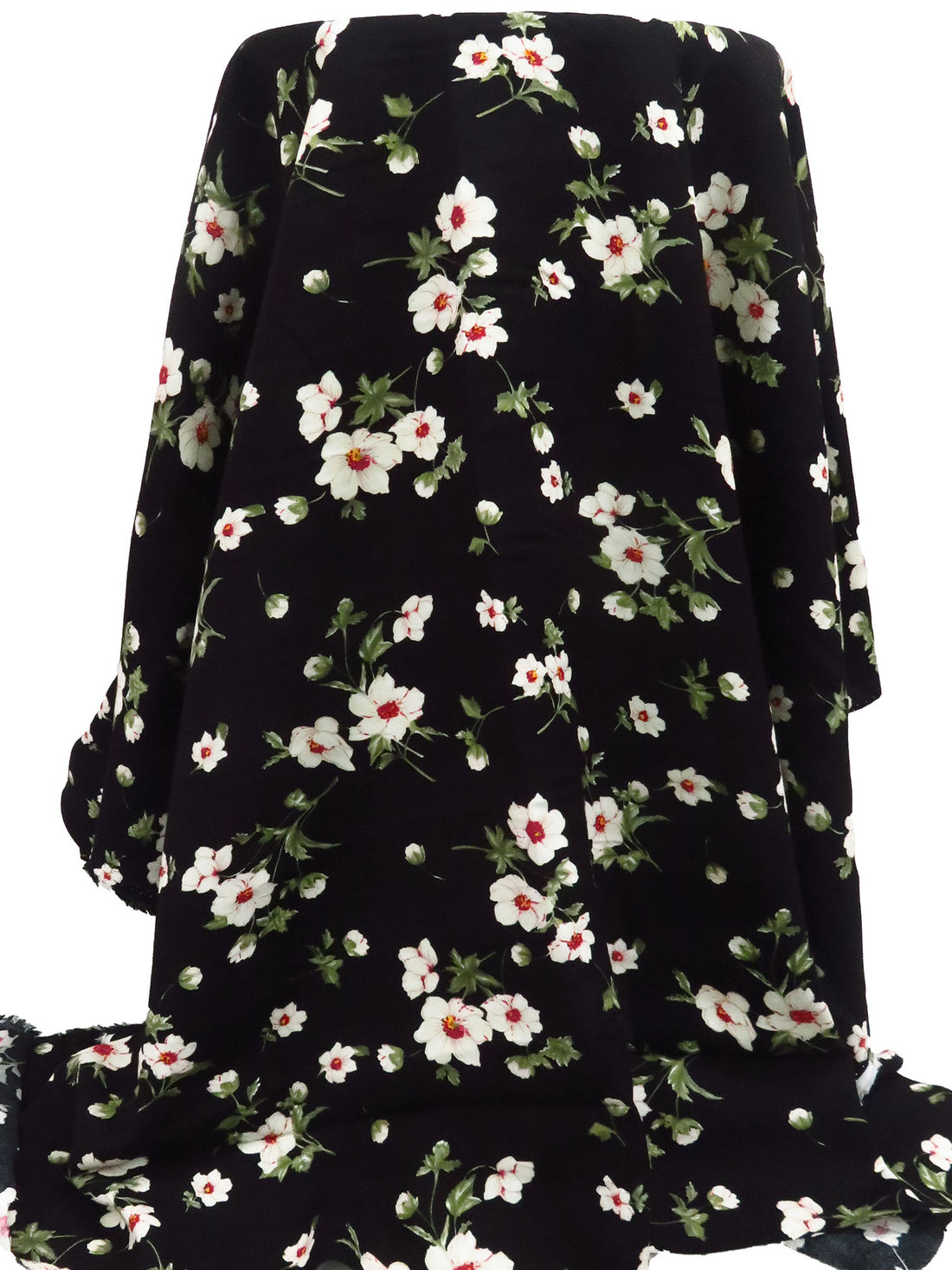 Black/Moss Green/White/Multi 100% Rayon Floral Stems Print Challis 44W