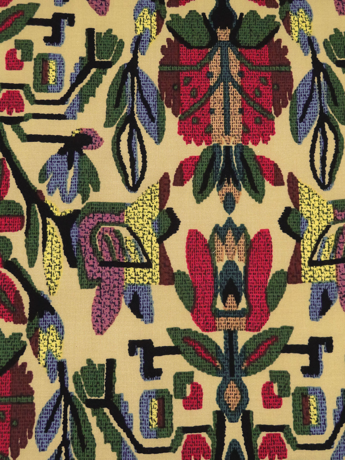 Ecru/Black/Royal Red/Multi 100% Rayon Folk Geometric Floral Print Challis 43W