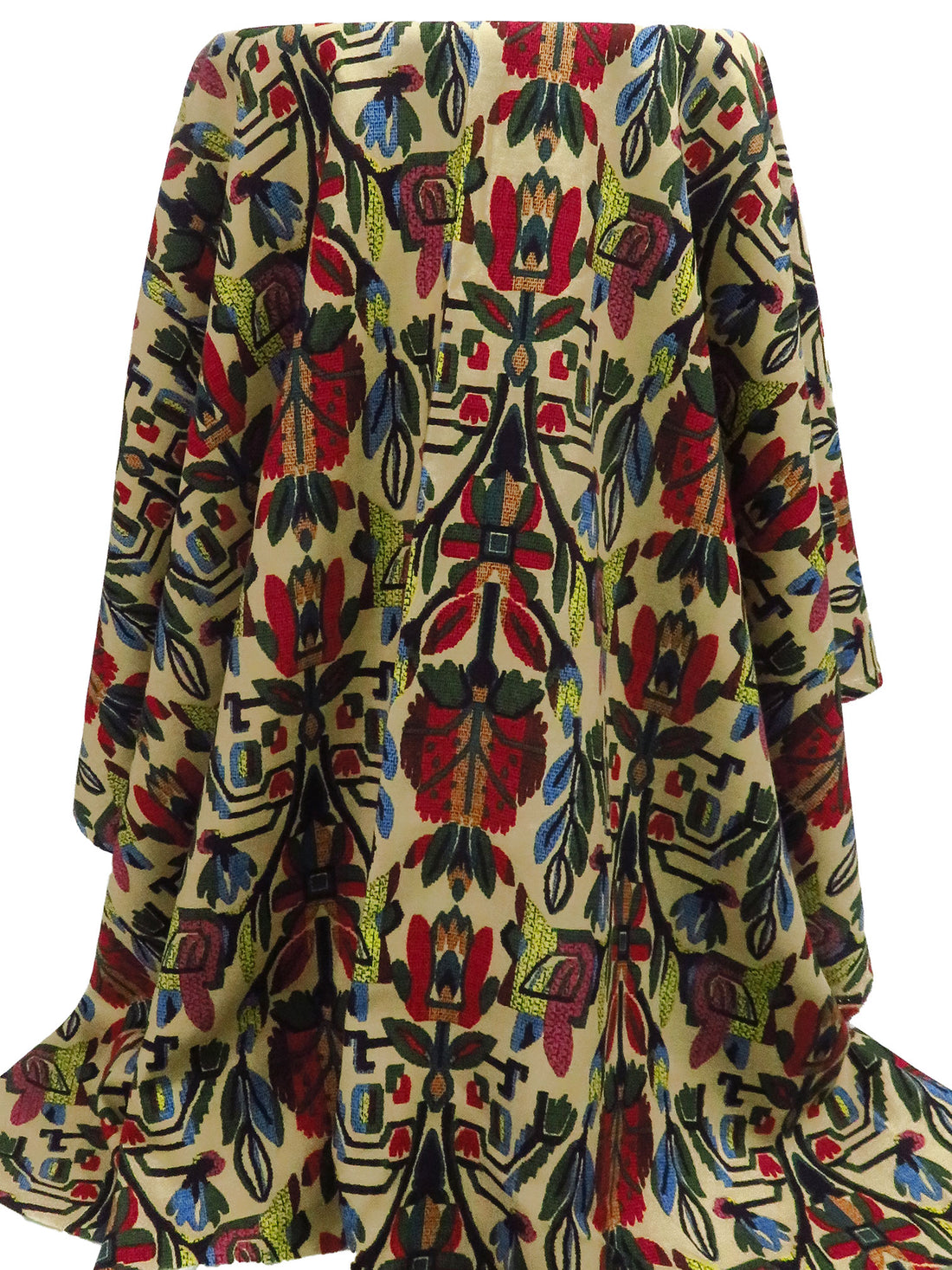 Ecru/Black/Royal Red/Multi 100% Rayon Folk Geometric Floral Print Challis 43W