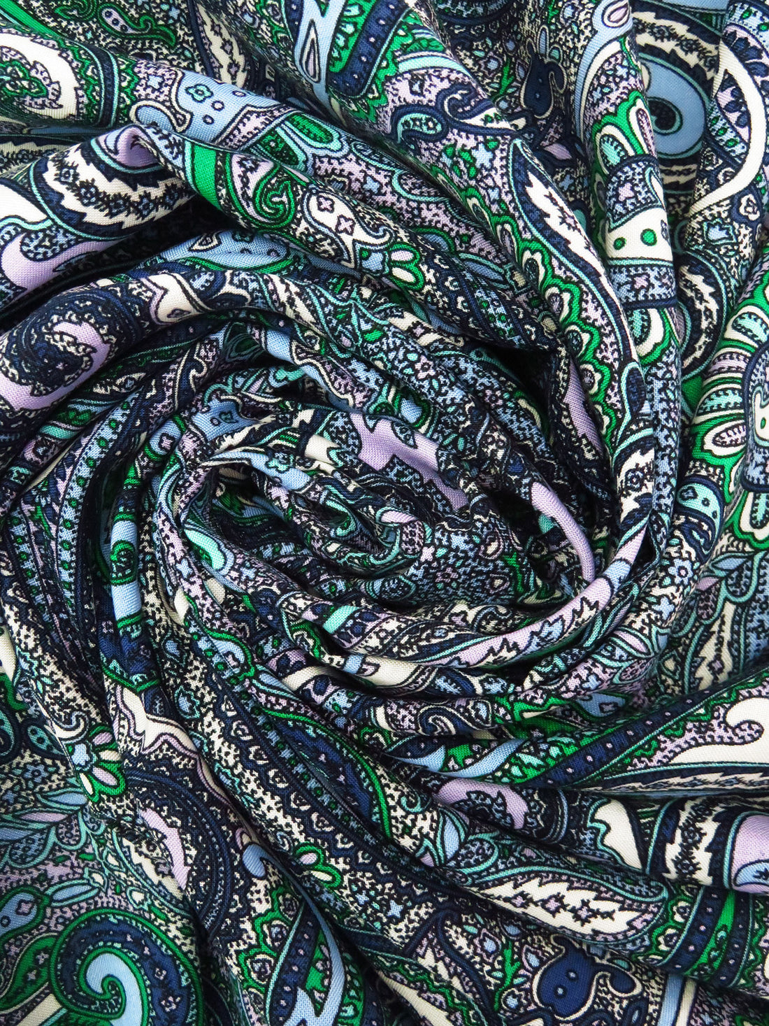 Pale Cornflower/Lavender/Spanish Green/Multi 100% Rayon Ornate Paisley Print Challis 43W