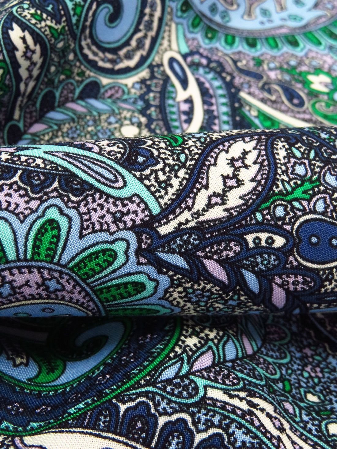 Pale Cornflower/Lavender/Spanish Green/Multi 100% Rayon Ornate Paisley Print Challis 43W