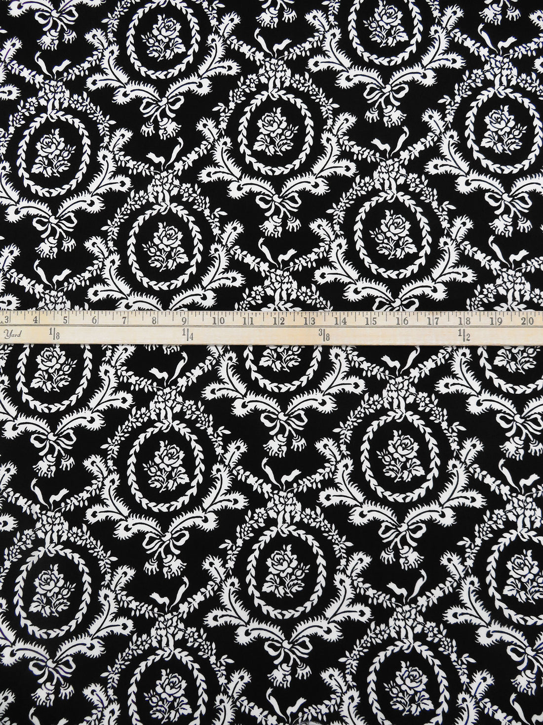 Black/White 100% Rayon Floral Framed Damask Print Challis 43W