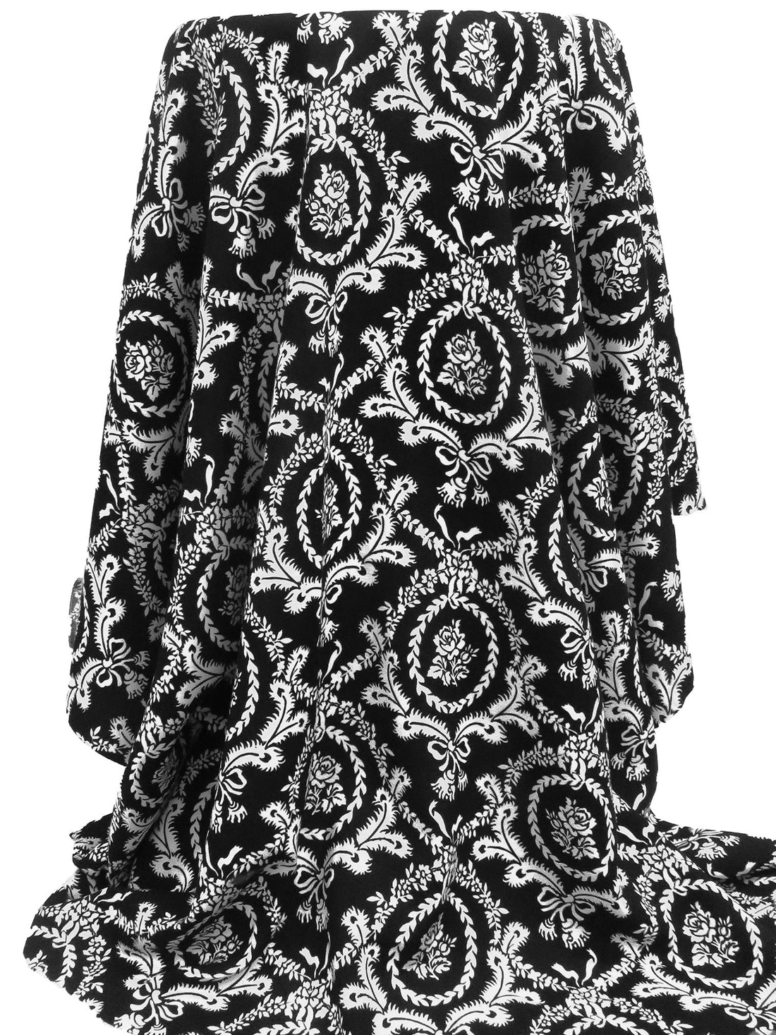 Black/White 100% Rayon Floral Framed Damask Print Challis 43W