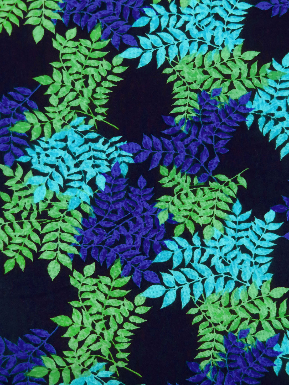 Dark Midnight Blue/Caribbean Blue/Pastel Green/Multi 100% Rayon Leafy Bunch Print Challis 43W