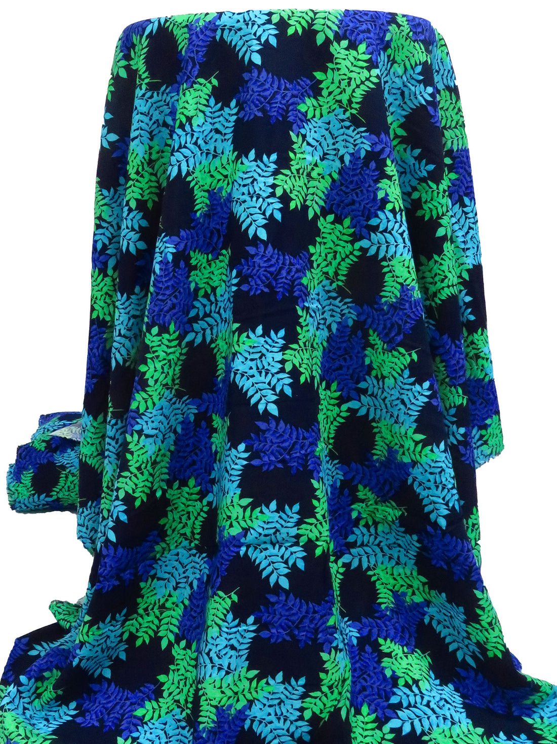 Dark Midnight Blue/Caribbean Blue/Pastel Green/Multi 100% Rayon Leafy Bunch Print Challis 43W