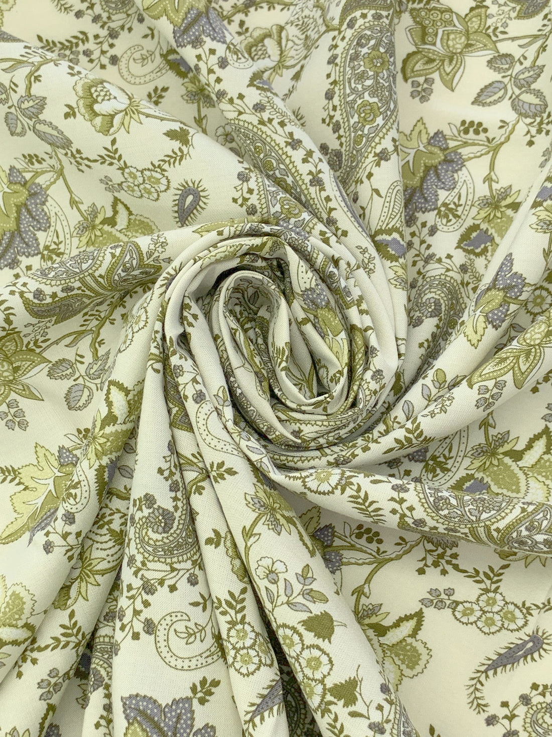 Antique Off-White/Old Moss Green/Dark Gray/Multi 100% Rayon Ornate Floral Print Challis 43W