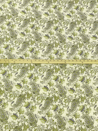 Antique Off-White/Old Moss Green/Dark Gray/Multi 100% Rayon Ornate Floral Print Challis 43W