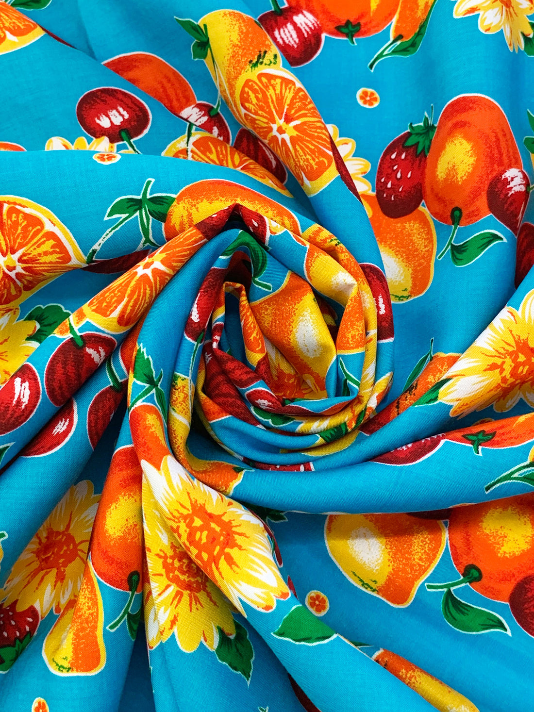 Cyan Azure/Lemon/Orange/Multi 100% Rayon Horizontal Fruit Print Challis 43W