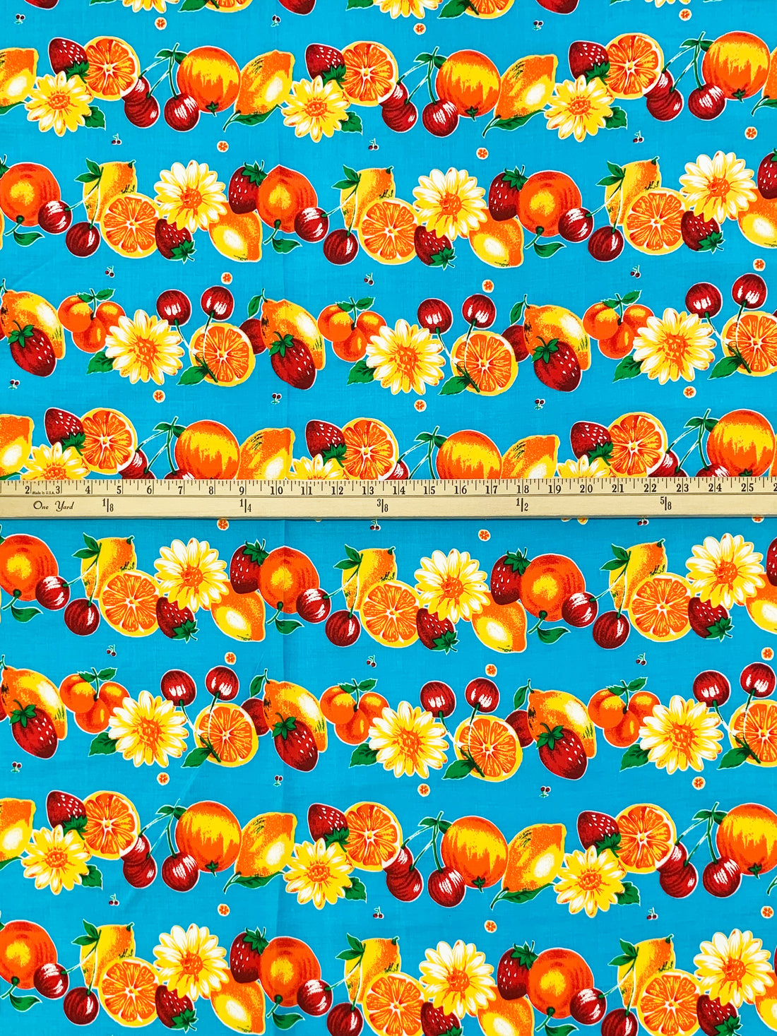 Cyan Azure/Lemon/Orange/Multi 100% Rayon Horizontal Fruit Print Challis 43W