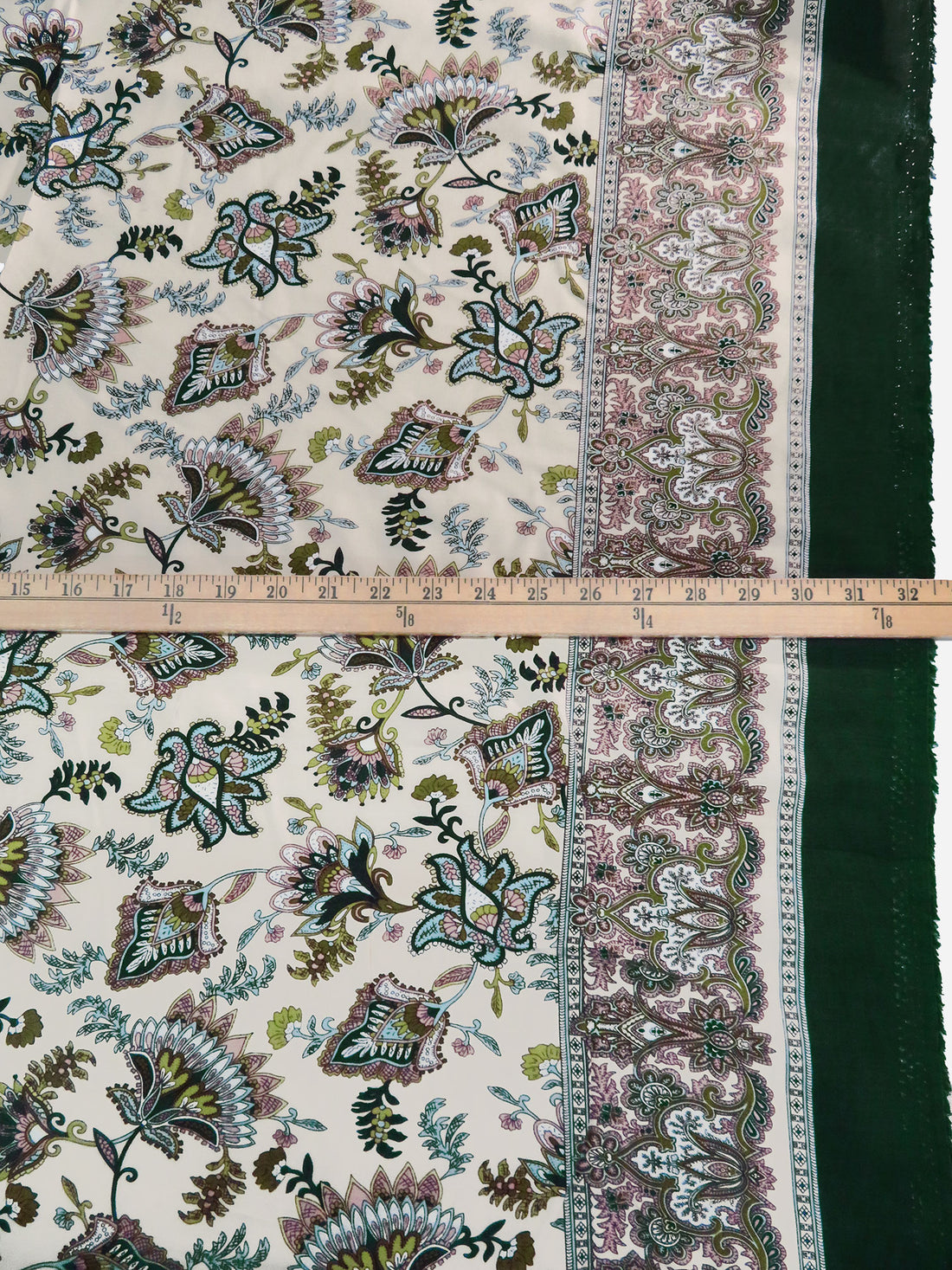 Dark Phthalo Green/Dusty Wheat/Misty Rain/Multi 100% Rayon Single Border Folk Floral Print Challis 44W