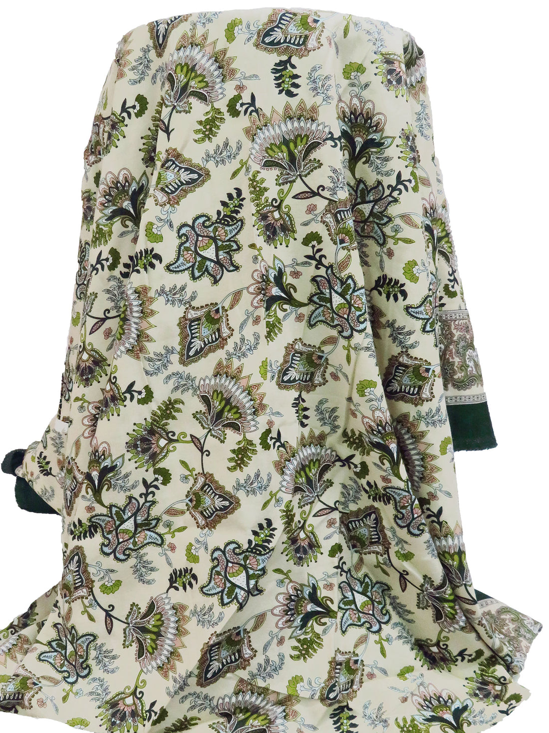 Dark Phthalo Green/Dusty Wheat/Misty Rain/Multi 100% Rayon Single Border Folk Floral Print Challis 44W