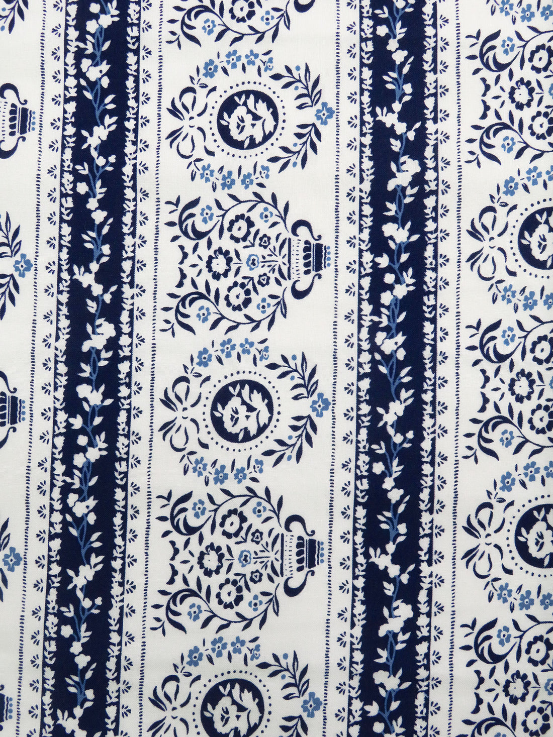 White/Midnight Navy/Dark Cornflower 100% Rayon Folk Motif Vertical Stripe Print Challis 44W