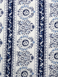 White/Midnight Navy/Dark Cornflower 100% Rayon Folk Motif Vertical Stripe Print Challis 44W