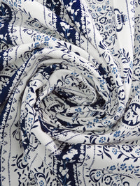 White/Midnight Navy/Dark Cornflower 100% Rayon Folk Motif Vertical Stripe Print Challis 44W