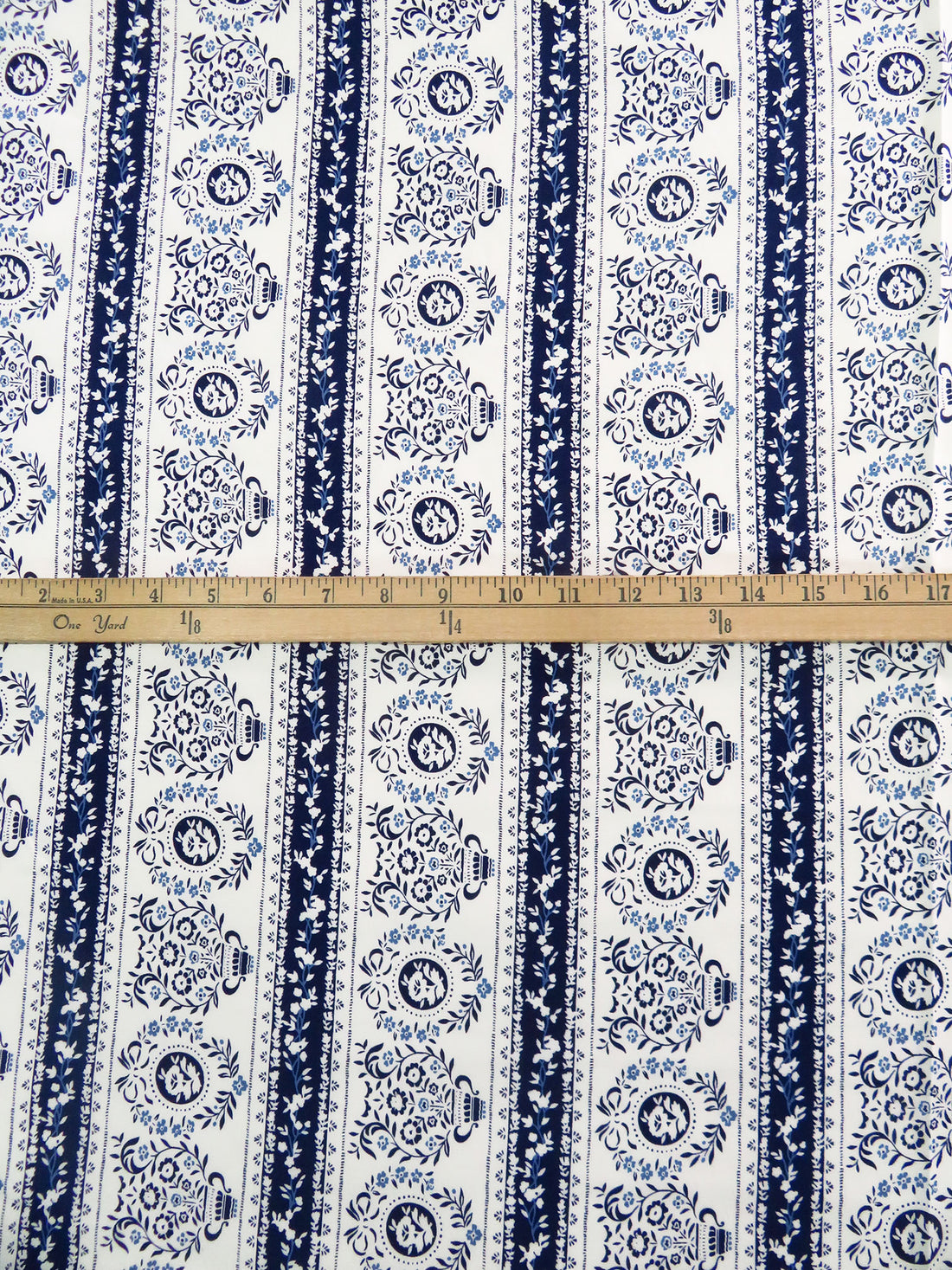 White/Midnight Navy/Dark Cornflower 100% Rayon Folk Motif Vertical Stripe Print Challis 44W