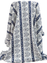 White/Midnight Navy/Dark Cornflower 100% Rayon Folk Motif Vertical Stripe Print Challis 44W