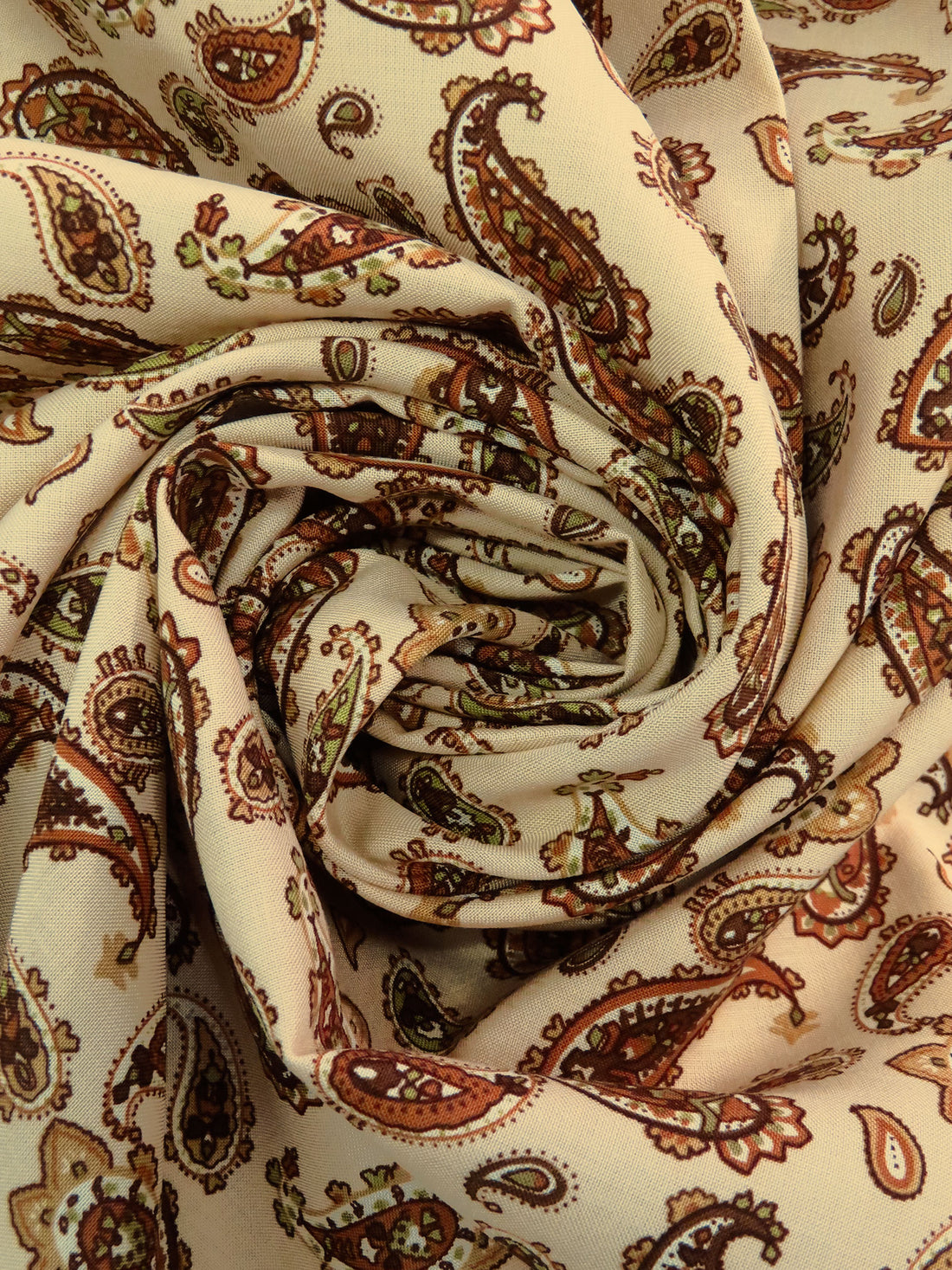 Wheat/Camel Brown/Misty Moss/Multi 100% Rayon Paisley Print Challis 44W