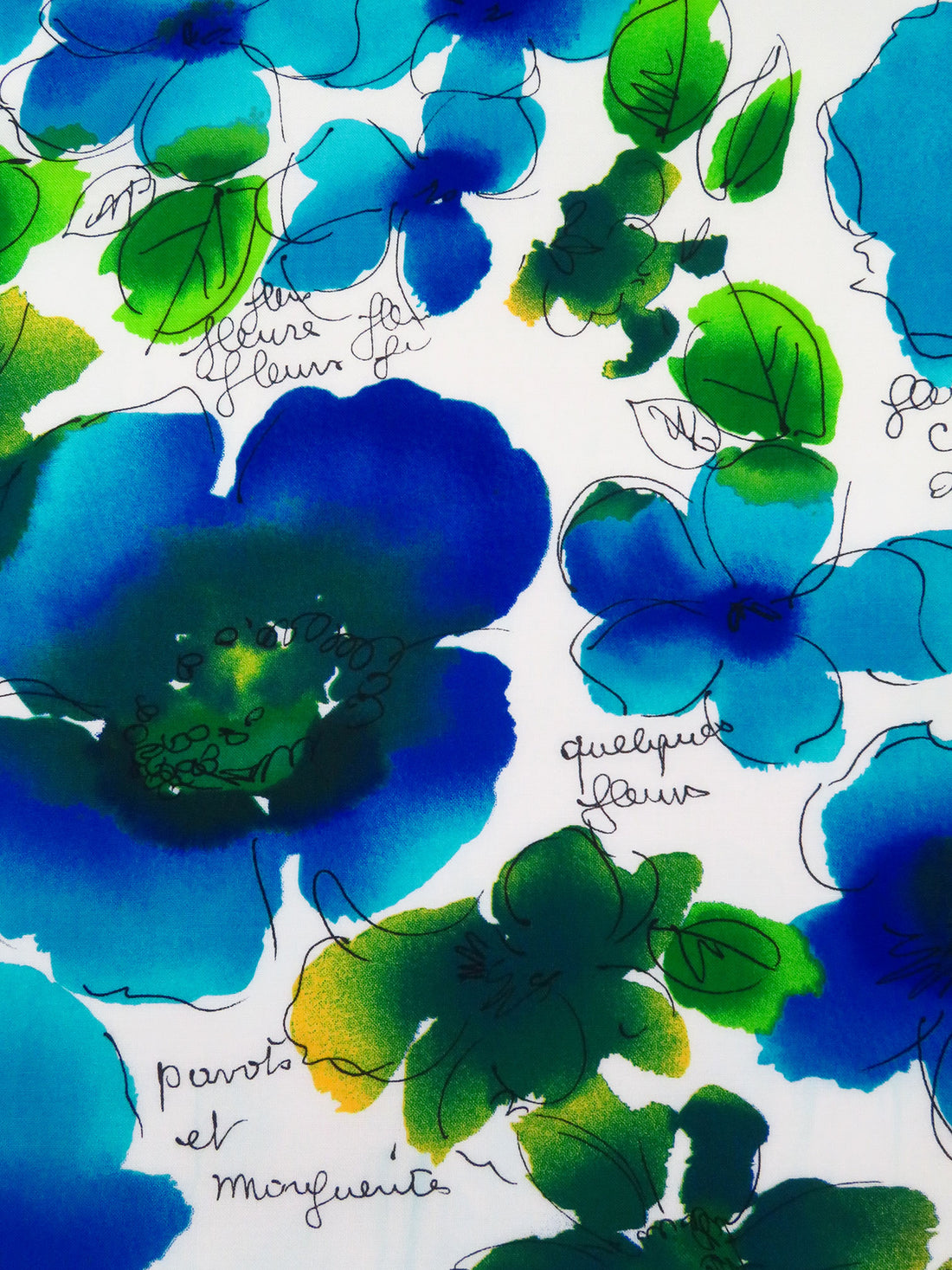 White/Forest Green/Rich Vivid Blue/Multi 100% Rayon Painterly Floral Print Challis 44W