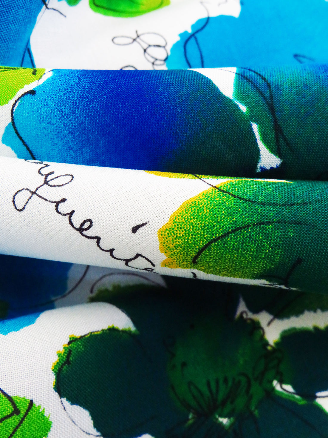 White/Forest Green/Rich Vivid Blue/Multi 100% Rayon Painterly Floral Print Challis 44W