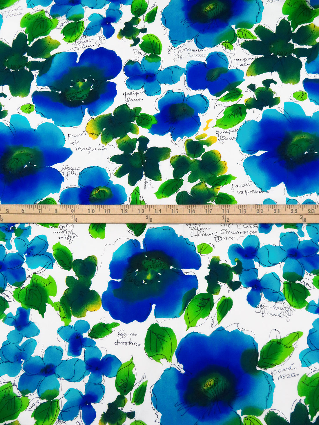 White/Forest Green/Rich Vivid Blue/Multi 100% Rayon Painterly Floral Print Challis 44W