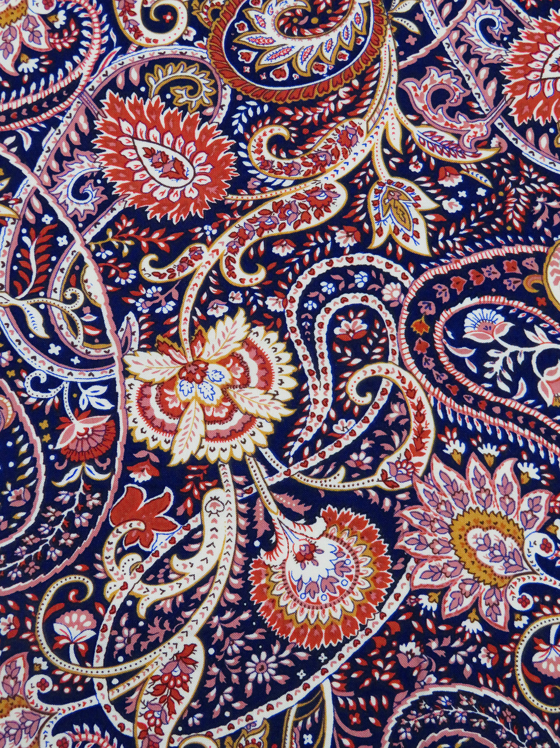 Dark Navy Blue/Almond/Burnt Red/Multi 100% Rayon Paisley Print Challis 44W
