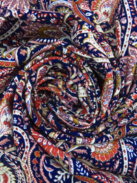 Dark Navy Blue/Almond/Burnt Red/Multi 100% Rayon Paisley Print Challis 44W