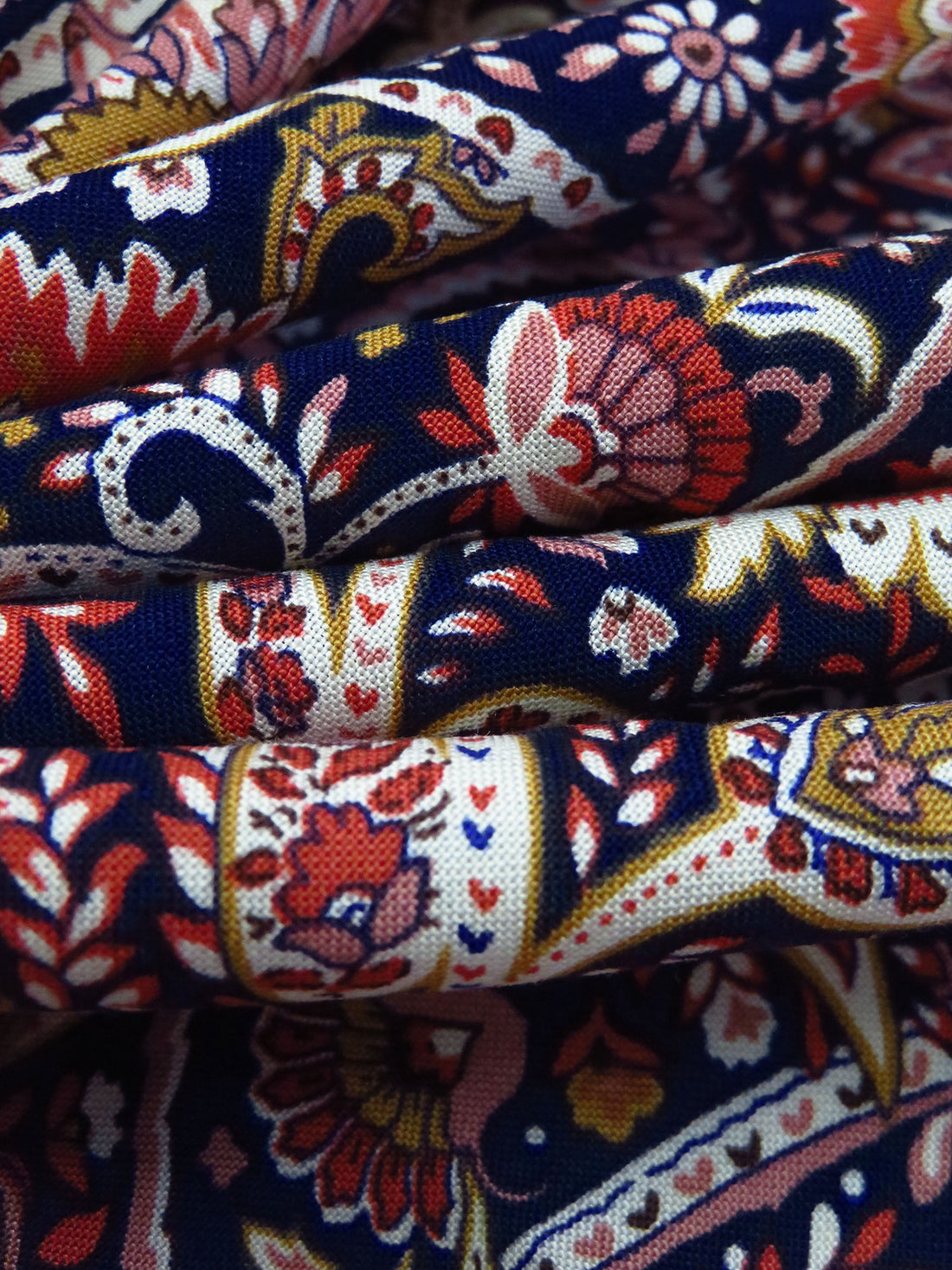 Dark Navy Blue/Almond/Burnt Red/Multi 100% Rayon Paisley Print Challis 44W