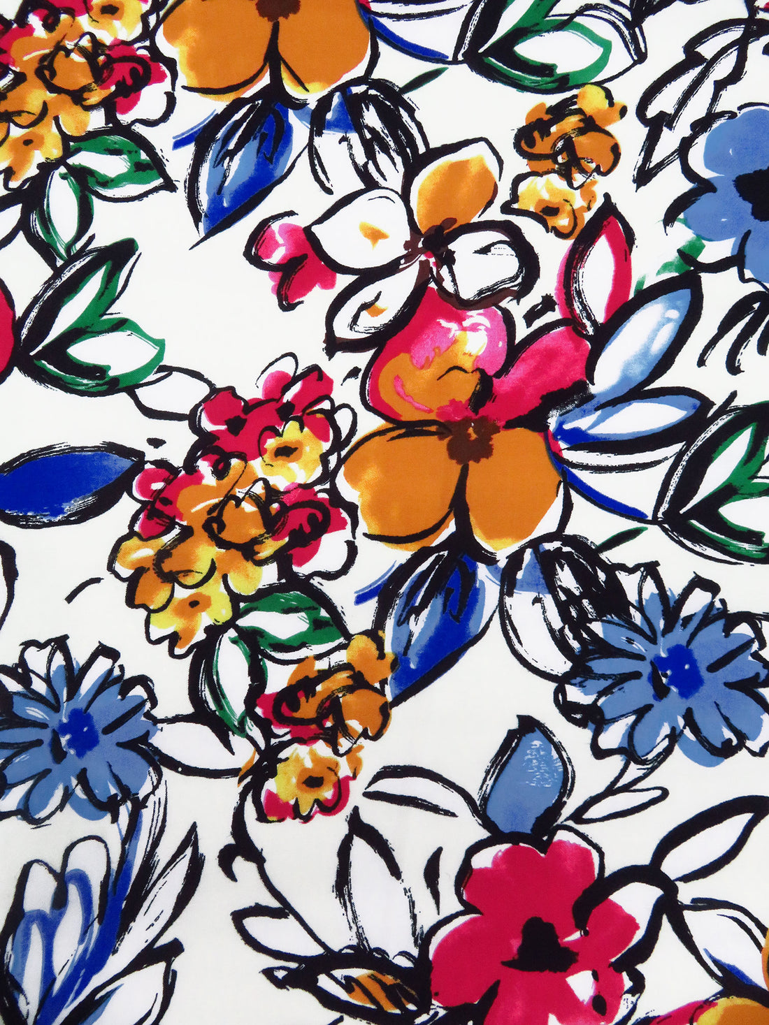 White/Steel Blue/Orche/Multi 100% Rayon Large Painterly Floral Print Challis 44W