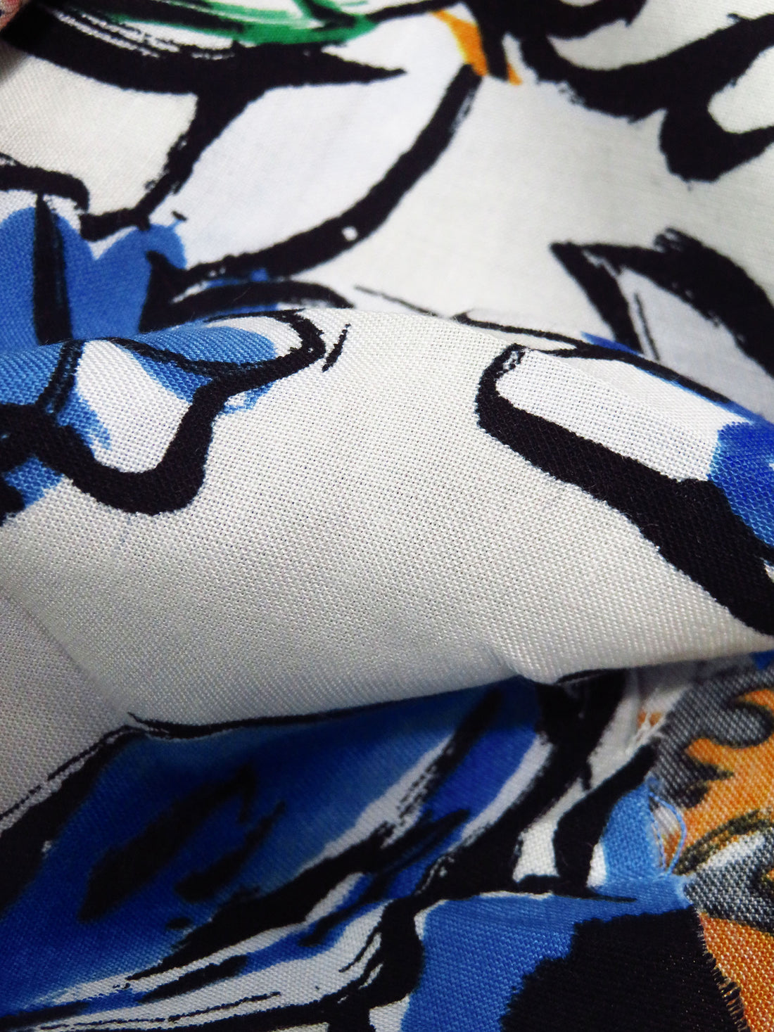 White/Steel Blue/Orche/Multi 100% Rayon Large Painterly Floral Print Challis 44W