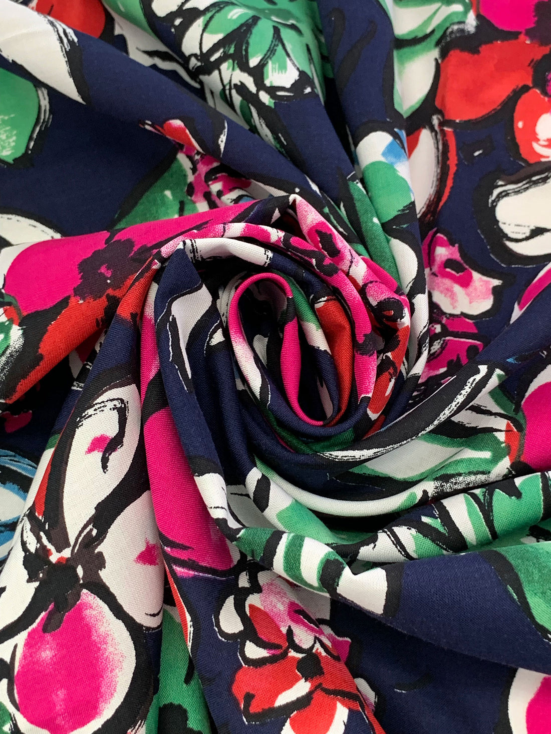 Navy/Deep Pink/Red/White 100% Rayon Floral Print Challis 43W