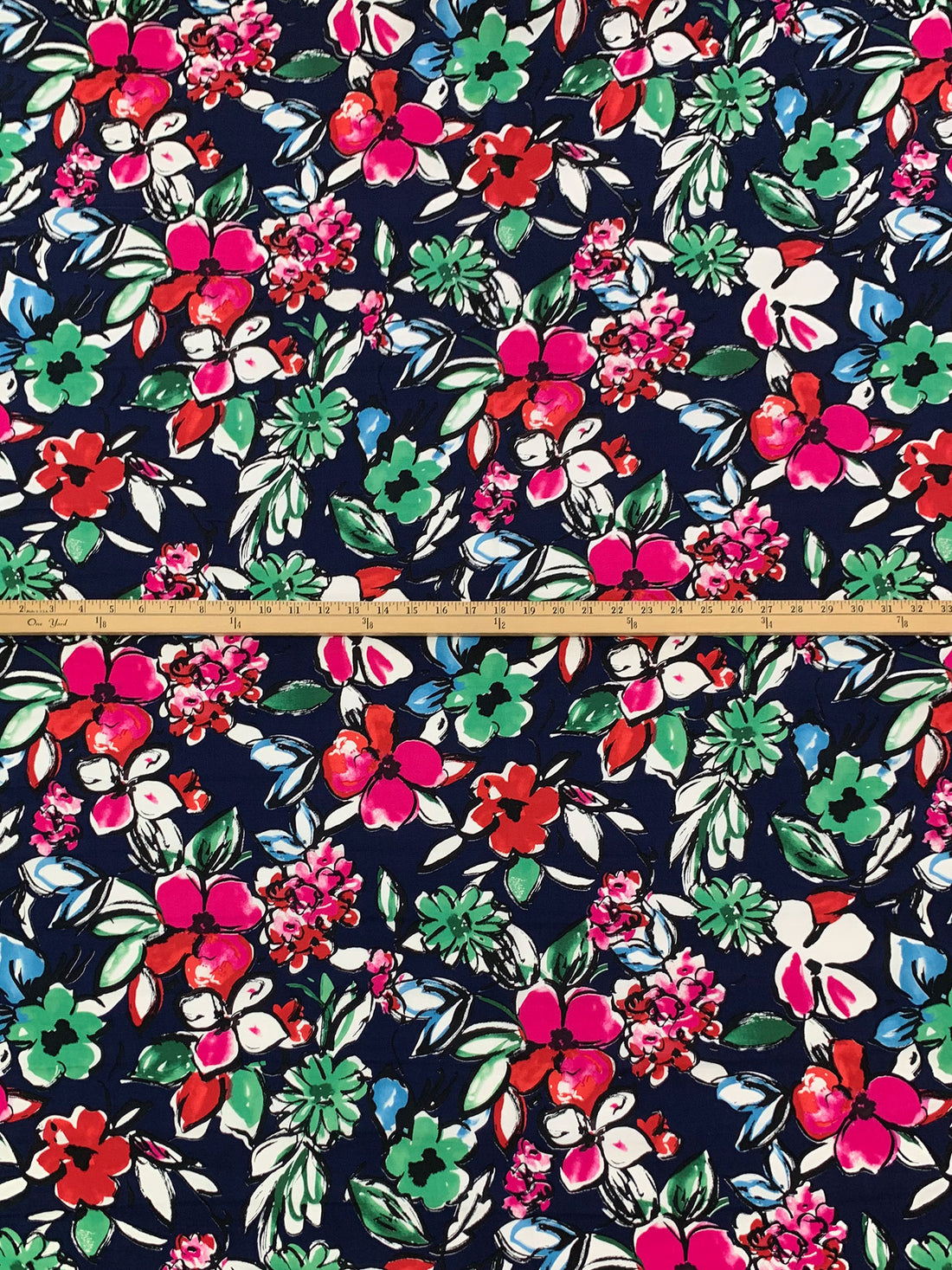 Navy/Deep Pink/Red/White 100% Rayon Floral Print Challis 43W