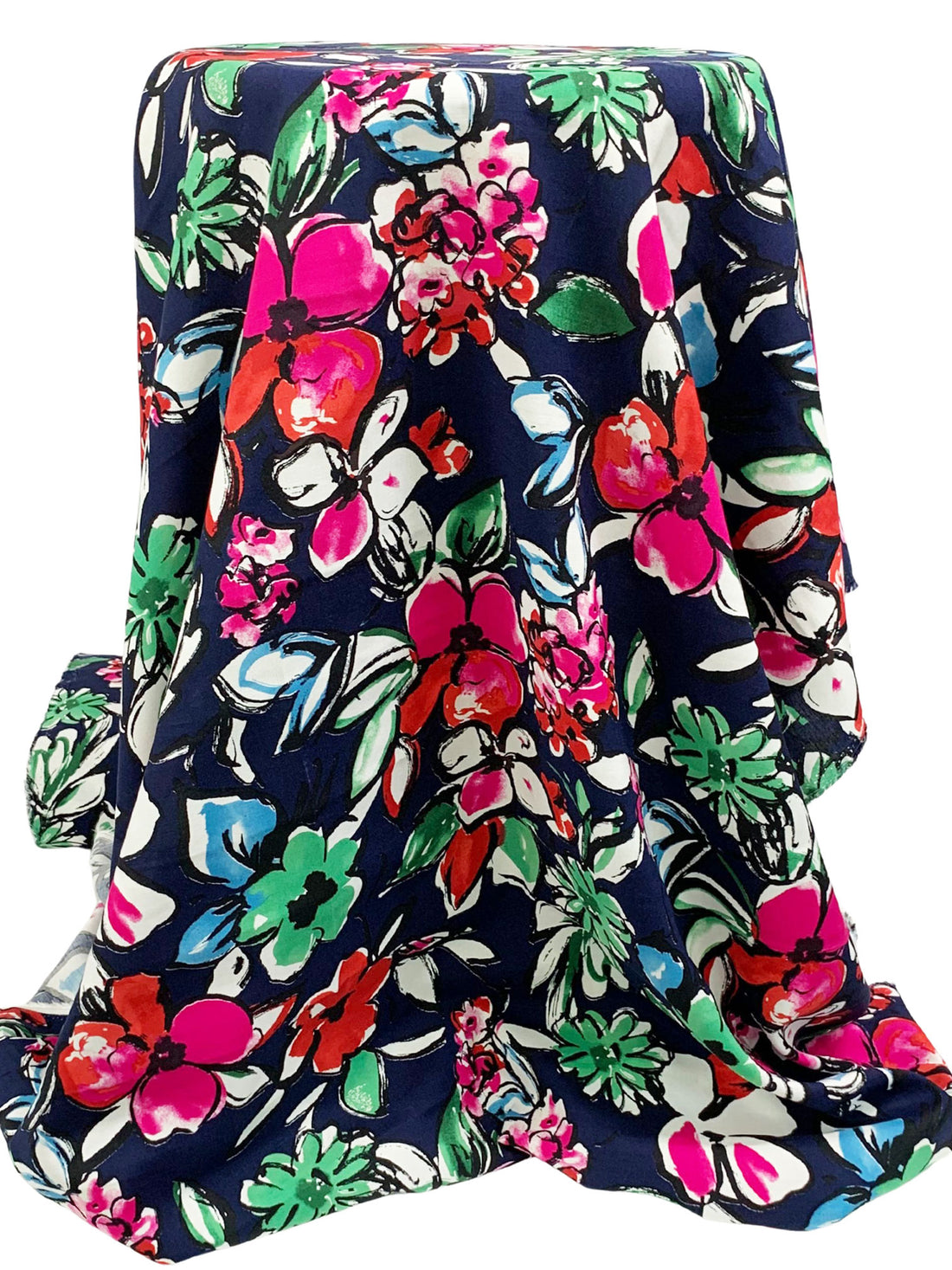 Navy/Deep Pink/Red/White 100% Rayon Floral Print Challis 43W