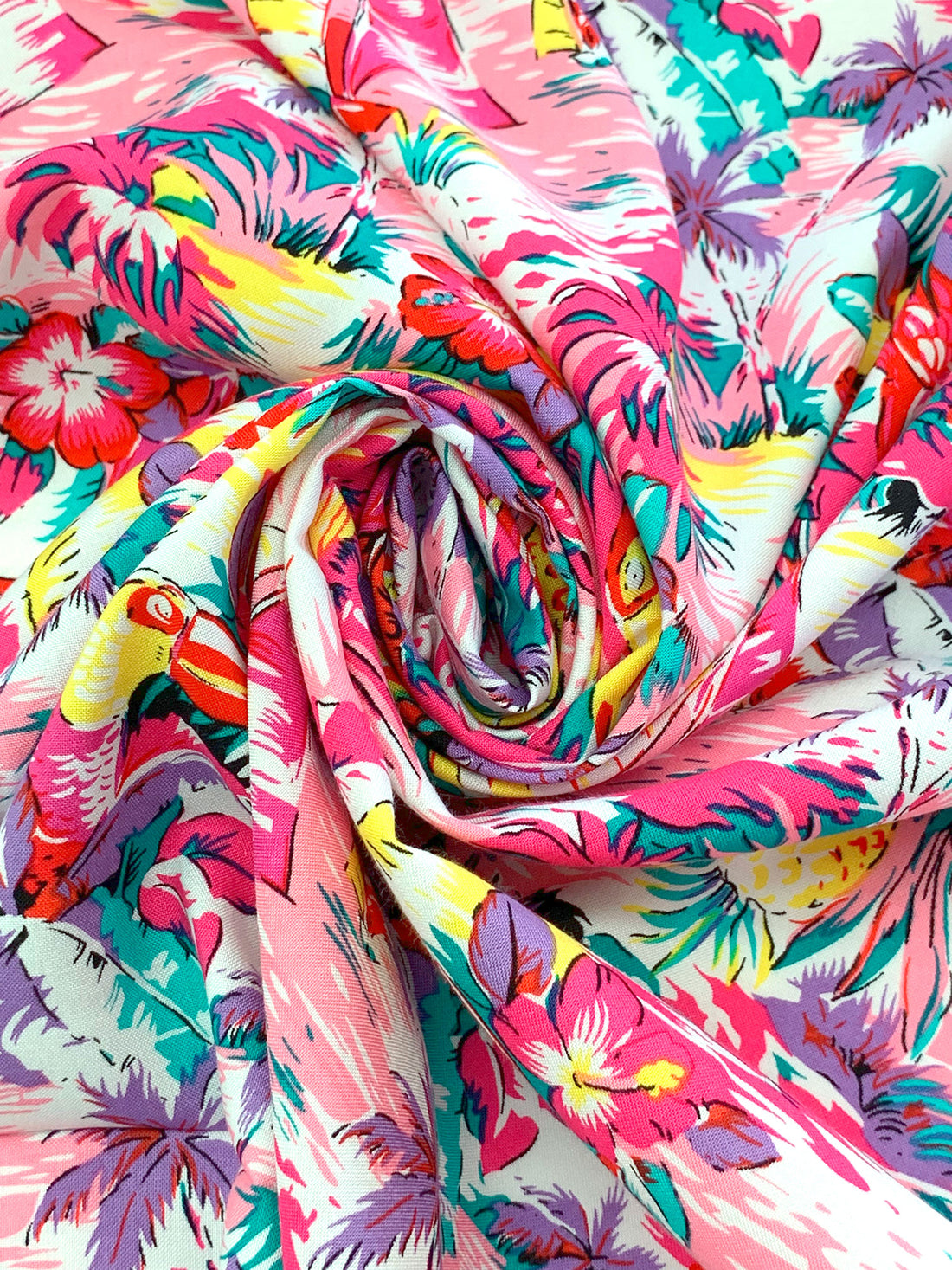 Cerise Pink/Vintage Violet/Yellow/White 100% Rayon Tropical Print Challis 43W