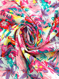 Cerise Pink/Vintage Violet/Yellow/White 100% Rayon Tropical Print Challis 43W