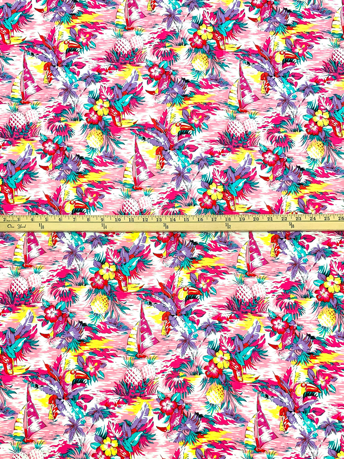Cerise Pink/Vintage Violet/Yellow/White 100% Rayon Tropical Print Challis 43W