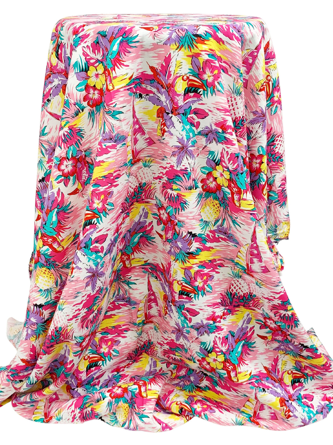 Cerise Pink/Vintage Violet/Yellow/White 100% Rayon Tropical Print Challis 43W