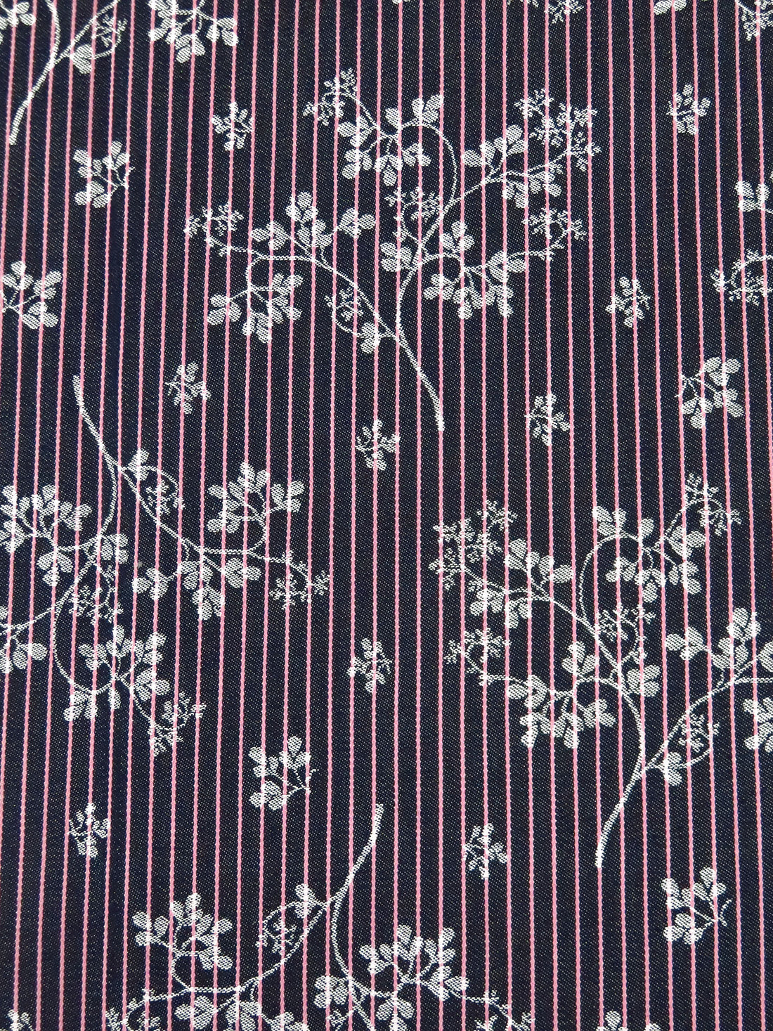 Midnight Navy/White/Light Pink 100% Cotton Branches On Vertical Stripe Weave Denim-Look Jacquard Shirting 60W