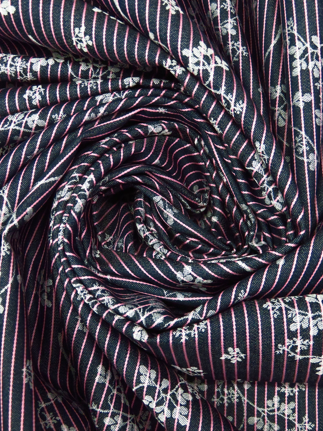 Midnight Navy/White/Light Pink 100% Cotton Branches On Vertical Stripe Weave Denim-Look Jacquard Shirting 60W